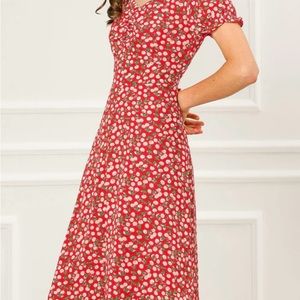 Allegra K Floral Sweetheart Neck Smocked ruffle Cherry print A-Line dress.